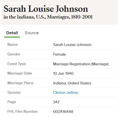 Sarah Johnson Jeffrey marriage info, Class of 1939