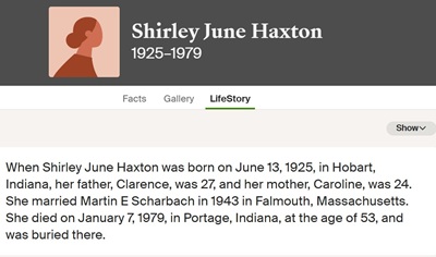 Shirley Haxton Scharbach life info, Class of 1943