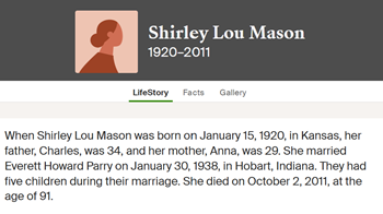Shirley Mason Parry life info, Class of 1937