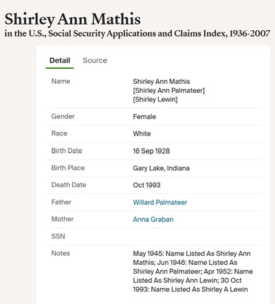 Shirley Mathis Lewin social security info, Class of 1946