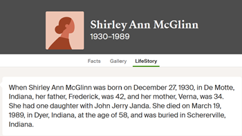 Shirley McGlinn Janda life info, Class of 1949