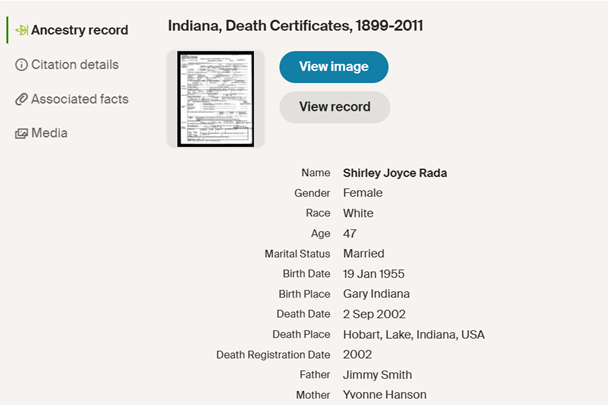Shirley Smith Rada death certificate info, Class of 1973