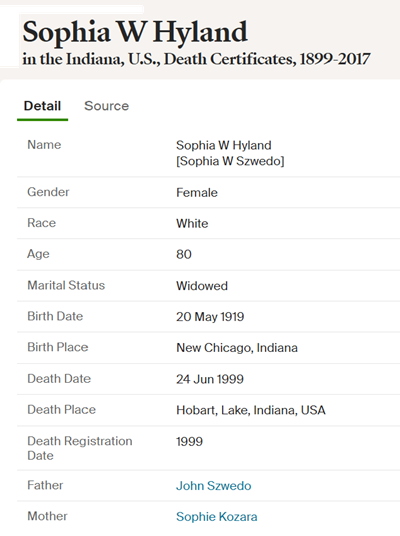 Sophia Szwedo Hyland death cert info, Class of 1937