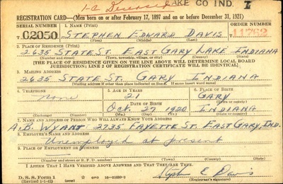 Stephen Davis III draft registration card, Class of 1938
