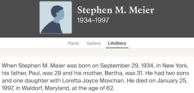 Stephen (Steve) Meier life info, Class of 1952