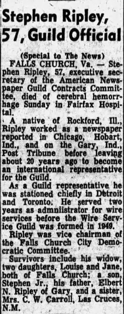 Stephen Ripley obit article, Class of 1925