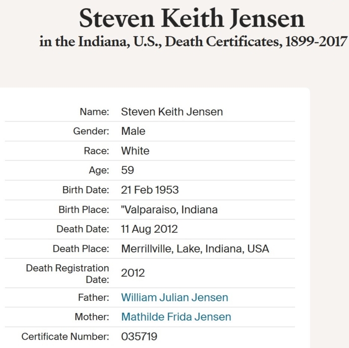 Steve Jensen, death certificate, Class of 1971