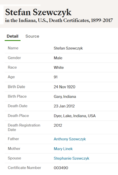 Steve Szewczyk death cert info, Class of 1939