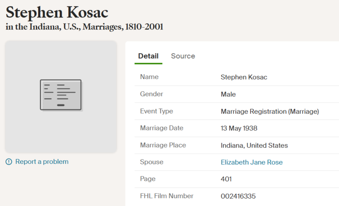 Stephen (Steve) Kosac marriage info, Class of 1936