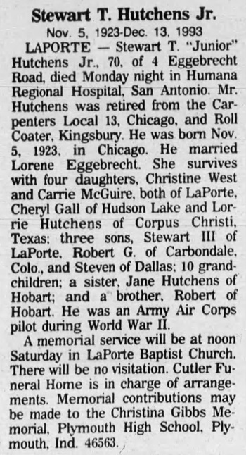 Stewart Hutchens Jr. obit, Class of 1943