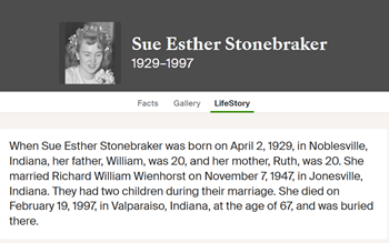 Sue Stonebraker Wienhorst life info, Class of 1946