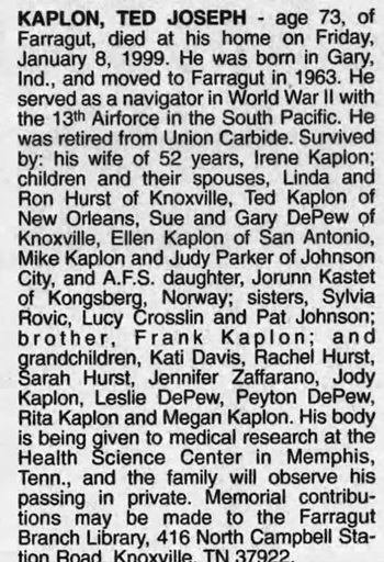 Ted Kaplon obit, Class of 1943