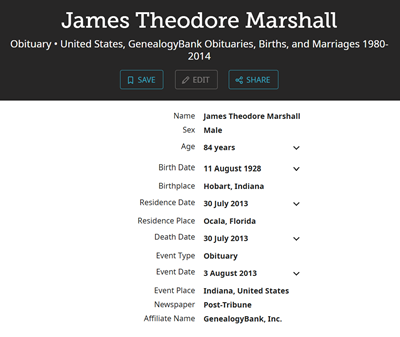 Theodore (Ted) Svetanoff Marshall obit info, Class of 1947