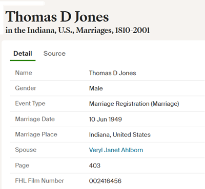 Thomas Jones marriage info, Class of 1937