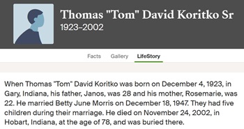 Thomas Koritko Sr. life info, Class of 1943