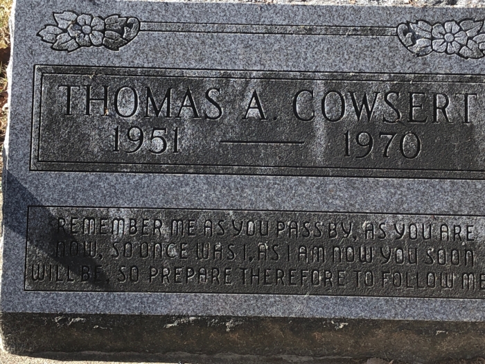 Tom Cowsert gravestone, Class of 1970