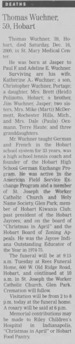 Thomas Wuchner obituary, Teacher