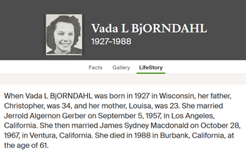Vada Bjorndahl life info, Class of 1944