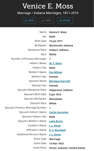 Venice (Van) marriage info, Class of 1930