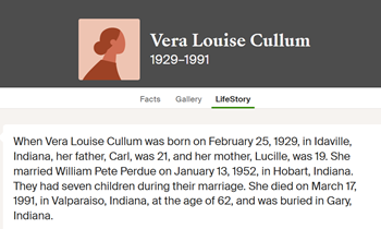 Vera Cullum Perdue life into, Class of 1947