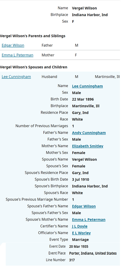 Vergel Wilson Cunningham marriage certificate info, Class of 1929