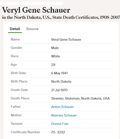 Veryl Schauer death cert info, Class of 1960