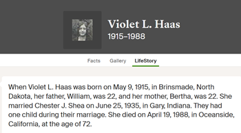 Violet Haas Shea life info, Class of 1932
