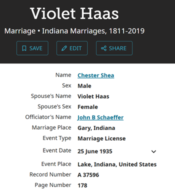 Violet Haas Shea marriage info, Class of 1932