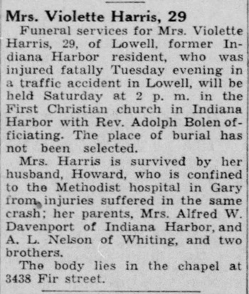 Violette Nelson Harris obituary article, Class of 1930