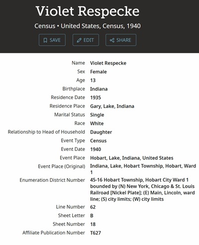 Violet Respecke Kolina census record, Class of 1944