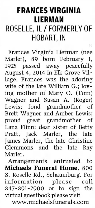Virginia Marler Lierman obit, Class of 1943