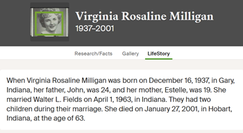 Virginia Milligan Fields life info, Class of 1957
