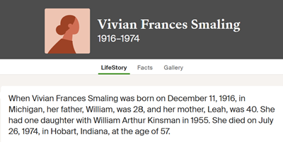 Vivian Smaling Kinsman life info, Class of 1935