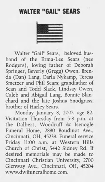 Walter Gail Sears obit, Class of 1943