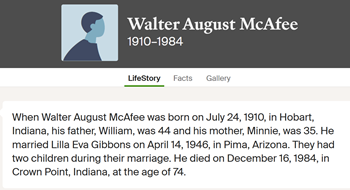 Walter McAfee life into, Class of 1928