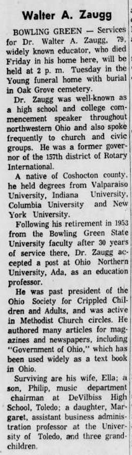 Walter Zaugg obituary article, Principal