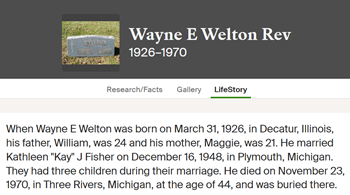 Wayne Welton life info, Class of 1944