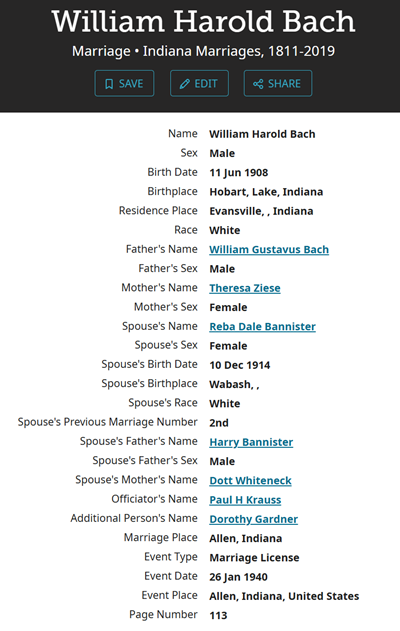 William Bach marriage info, Class of 1926