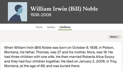 William (Bill) Noble life info, Class of 1957