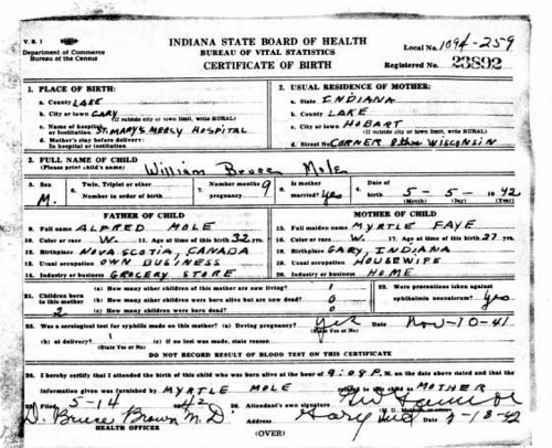 William Bruce Mole birth certificate, Class of 1960
