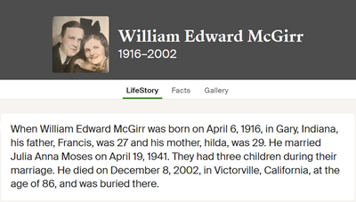 William McGirr family  info, Class of 1934