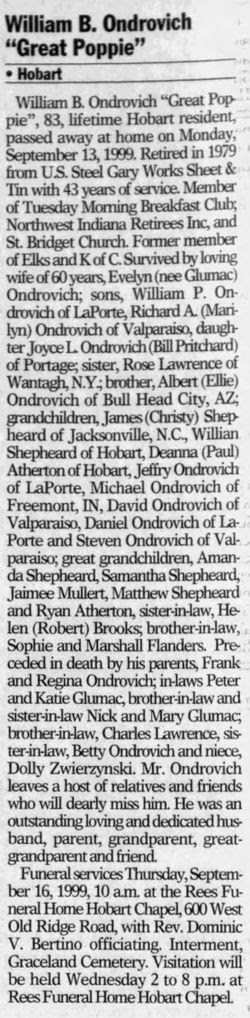 William Ondrovich obituary article, Class of 1934