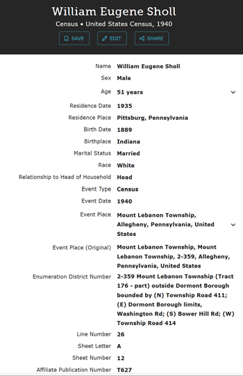 William Sholl census record, Class of 1906