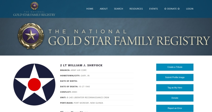 William Shryock entry on the Gold Star Family Registry website, Class of 1938