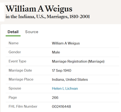 William Weigus marriage info, Class of 1932