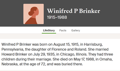 Winifred Parsons Brinker life info, Class of 1933