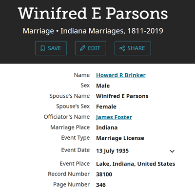 Winifred Parsons Brinker marriage info, Class of 1933