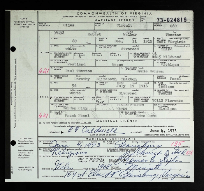 Dorothy Fasel Thaxton marriage certiricate, Class of 1934